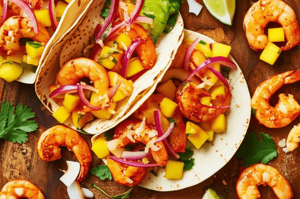 Habanero-Lime Shrimp Tacos with Mango Salsa and Pickled Onions